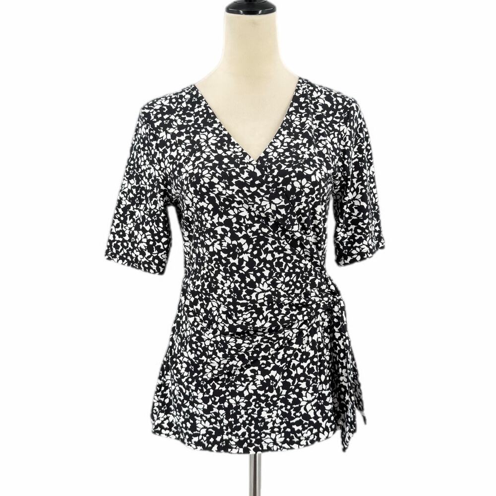 Lands’ End NEW Black White Floral Wrap Tencel Casual Surplice Simple Blouse Top